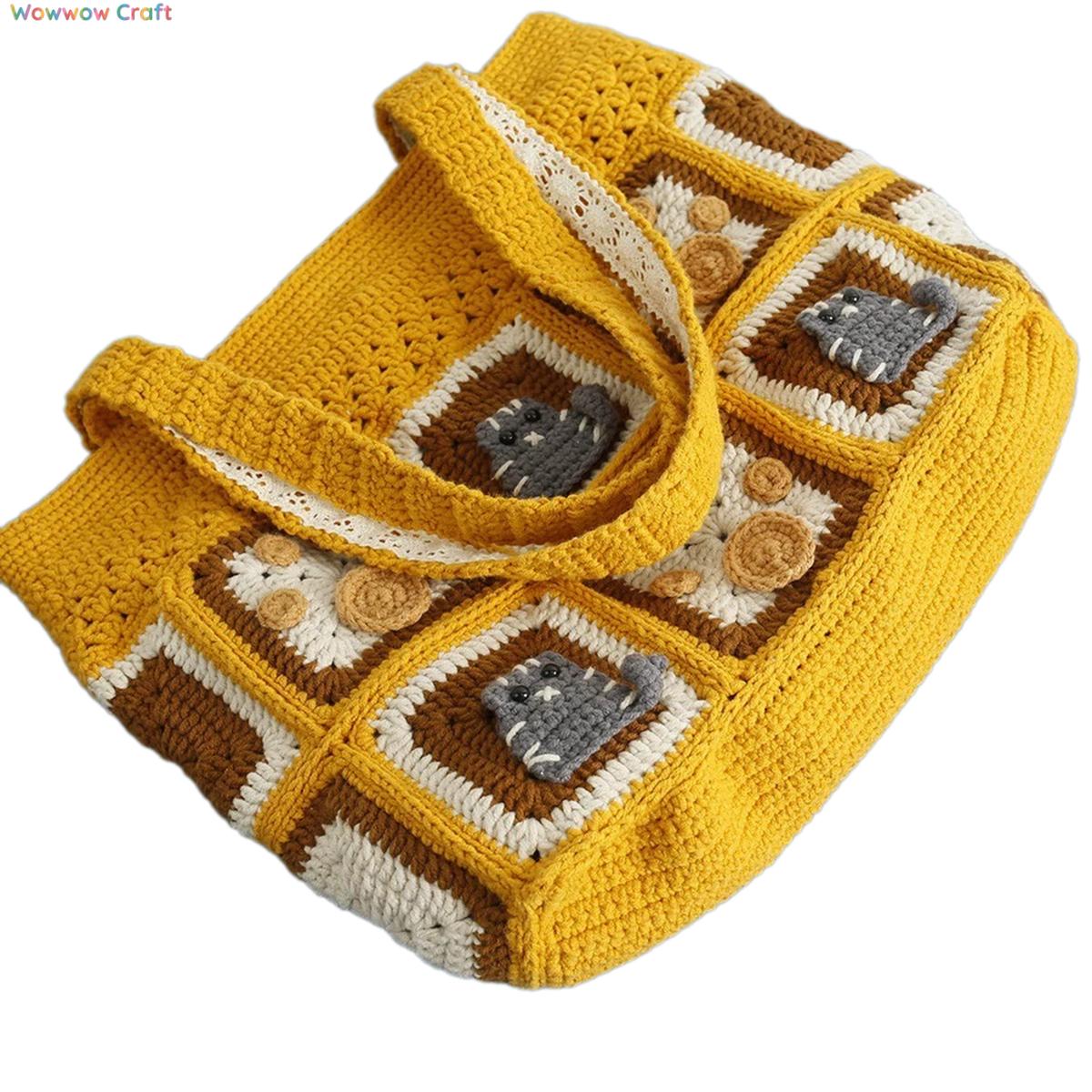 Shoulder Bags,Totes,Handmade Crochet Bags,Dark Yellow Flowers Embroidery Granny Square Tote crocheted with Snow Fairy Yarn - High quality handmade crocheted shoulder bag